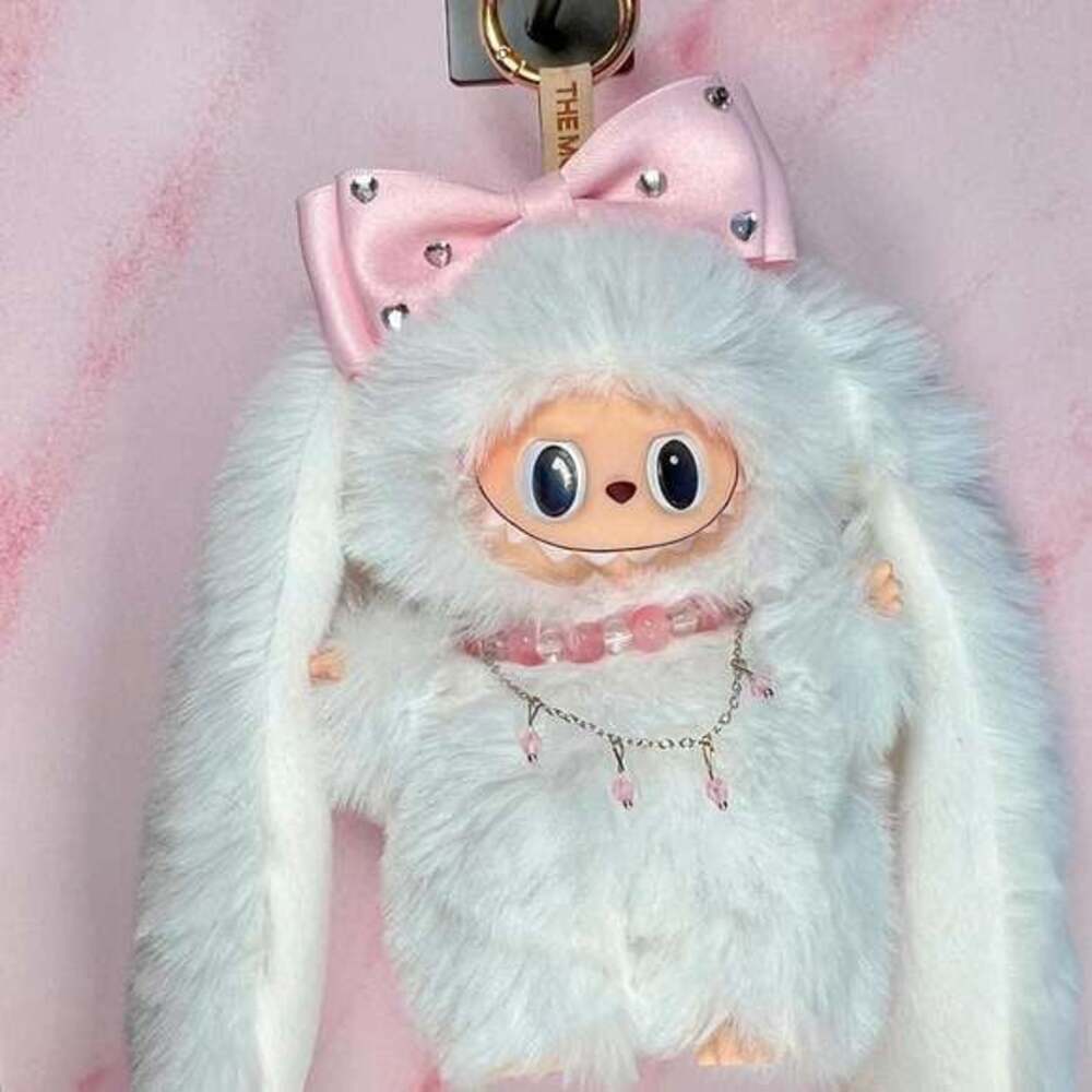 (53) Custom Handmade Labubu White Plush Keychain with Crystal Bow & Accessories